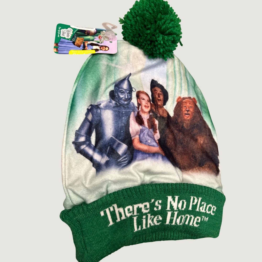 Wizard of Oz Beanie Hat Green Pom There's No Place Like Home Graphic NWT